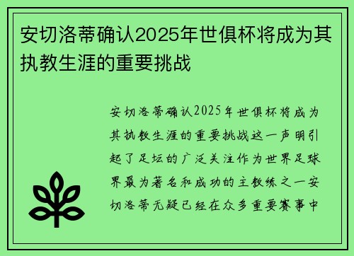 安切洛蒂确认2025年世俱杯将成为其执教生涯的重要挑战