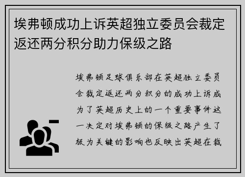 埃弗顿成功上诉英超独立委员会裁定返还两分积分助力保级之路 埃弗顿成功上诉英超独立委员会裁定返还两分积分助力保级之路