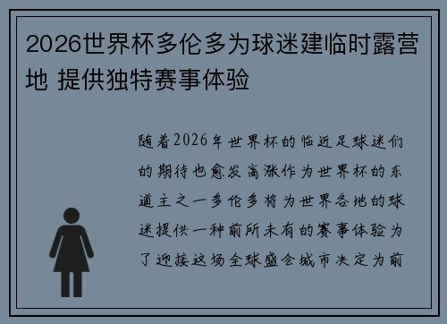 2026世界杯多伦多为球迷建临时露营地 提供独特赛事体验