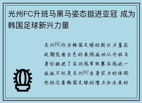 光州FC升班马黑马姿态挺进亚冠 成为韩国足球新兴力量